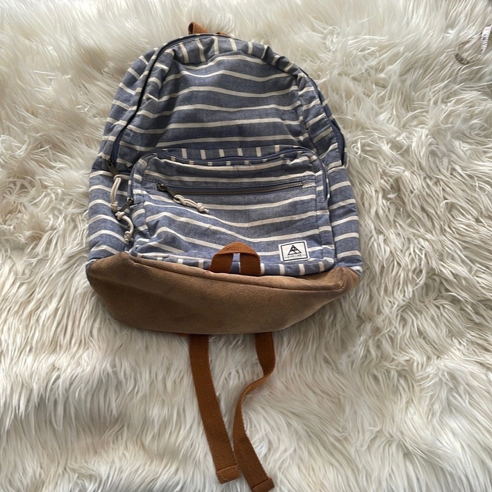Target Explore blue white brown striped back pack back sack book bag travel bag